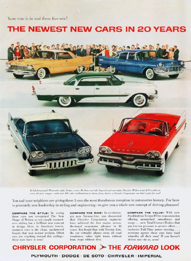 1950-es évek beli Chrysler plakát 5 autóval: Imperial, Chrysler, DeSoto, Plymouth, Dodge