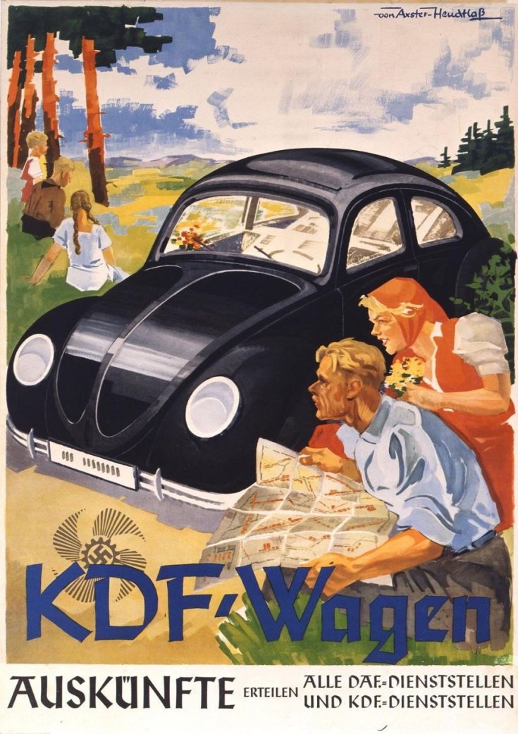 KDF Wagen, VW Bogár elődje, náci reklámplakát, festett kép, középen fekete autó, jobbra női és férfi alak, térképet olvasnak