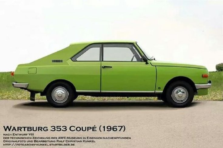 1967-es Wartburg 353 Coupé reklámplakát, zöld kupé, oldalnézet, jobbról, alulról fotózva, háttérben rét