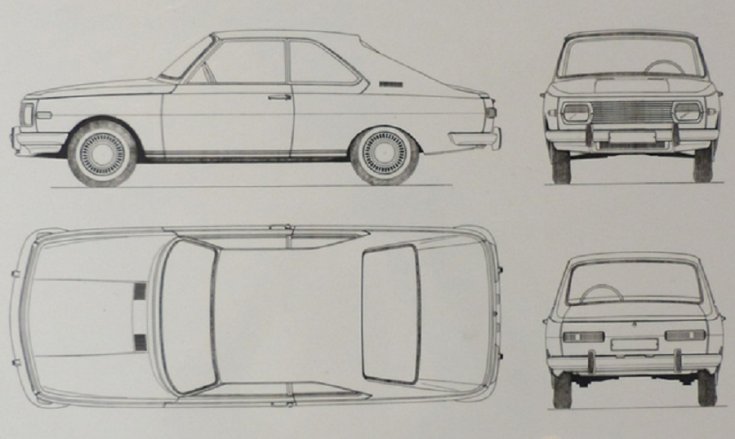 Wartburg 353 Coupé tervrajza, felülnézet, fehér lap, autók fekete körvonalai
