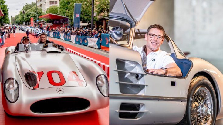 Bernd Mayländer a Mercedes régi autójával egy rendezvényen