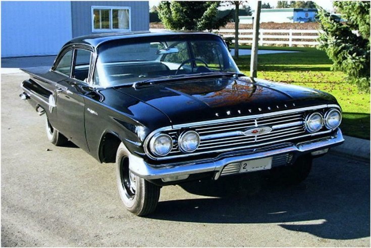 1960 Chevy Bel Air, fekete kupé, elöl jobbról
