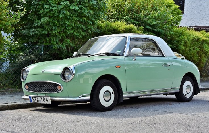 1991 Nissan (Micra) Figaro, Pale Aqua zöld kabrió fehér keménytetővel, elölnézet, oldalnézet, balról, alulról fotózva