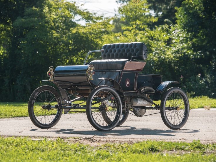 1901 Oldsmobile Curved Dash, runabout, ló nélküli hintó, elölnézet, oldalnézet, balról