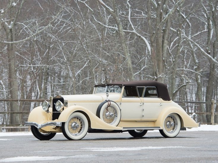 1928 Hispano-Suiza H6C kabrió limuzin, elölnézet, oldalnézet, balról, havas háttér