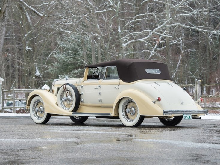 1928 Hispano-Suiza H6C kabrió limuzin, hátulnézet, oldalnézet, balról, havas háttér