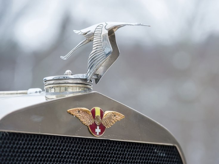 1928 Hispano-Suiza H6C, logó és orrdísz, elölnézet, oldalnézet, jobbról