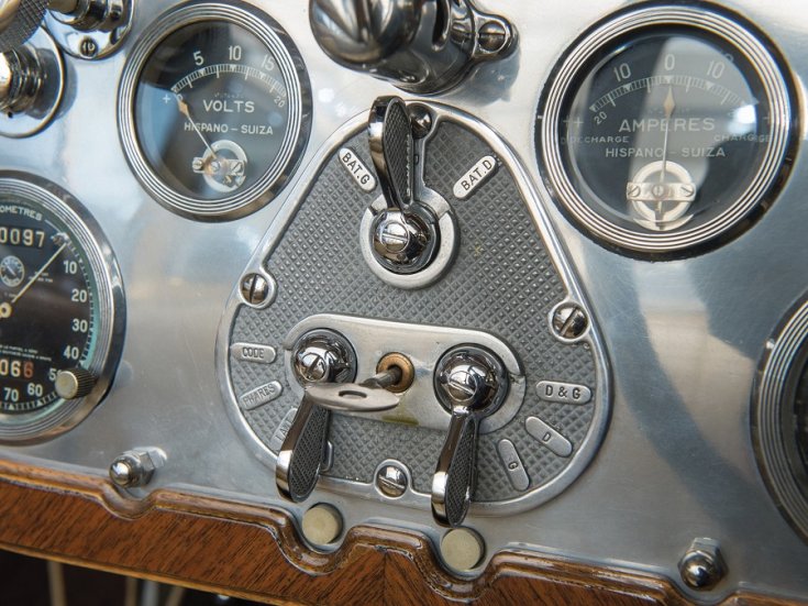 1928 Hispano-Suiza H6C, műszerfal, kapcsolók, elölnézet, oldalnézet, jobbról döntve