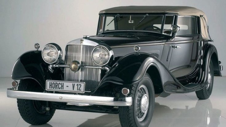 1931 Horch Typ 12, 670 sport kabrió, fekete, szürke felhúzott vászontetővel, elölnézet, oldalnézet, balrólról döntve