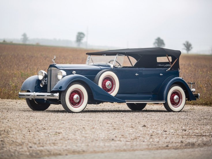 1934 Packard Eight, sötétkék phaeton, elölnézet, oldalnézet, balról, távolról