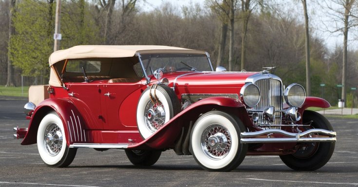 1930 Duesenberg Modell SJ, sport phaeton, vörös, oldalnézet elölről