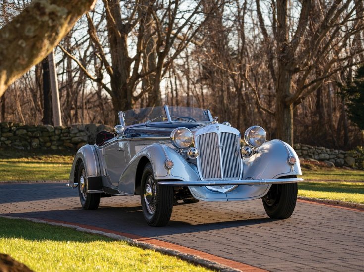 1936 Horch 853, szürke roadster replika, elölnézet, oldalnézet, jobbról döntve, alulról fotózva