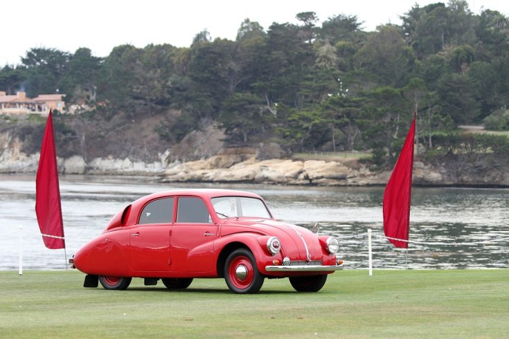 1936 Tatra T97, vörös, elölnézet, oldalnézet, jobbról