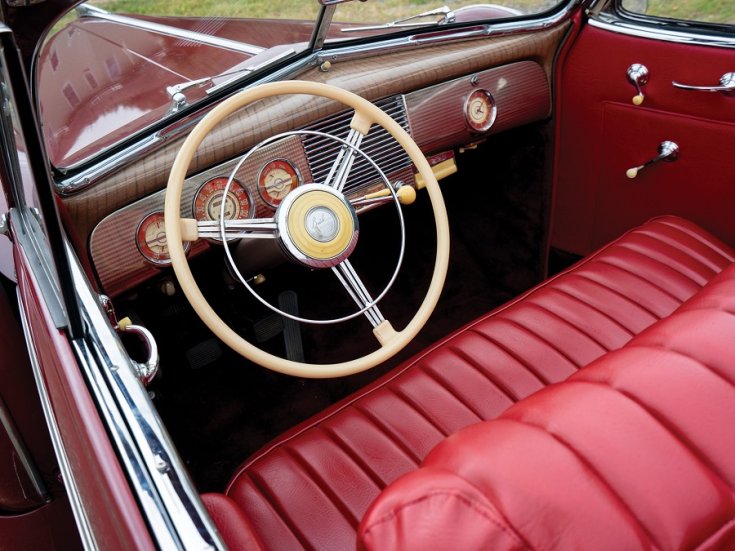 1940 Buick Special Sport Phaeton, meggyvörös kabrió limuzin, műszerfal, elölnézet, oldalnézet, balról, felülnézet