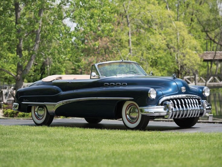 1950 Buick Roadmaster Skylark, sötétkék kabrió, lehúzott ponyvatetővel, elölnézet, oldalnézet, jobbról döntve