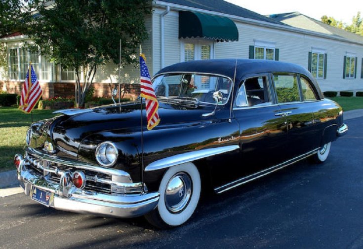 1950 Lincoln Cosmopolitan State Limousine, hosszított limuzin, fekete, elölnézet, oldalnézet, balról