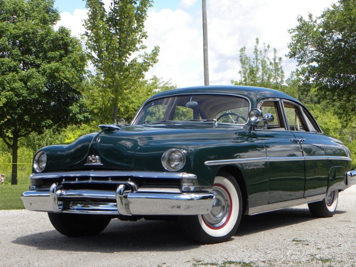1951 Lincoln Cosmopolitan, zöld limuzin, öngyilkos ajtóval, elölnézet, oldalnézet, balról, ráközelítve