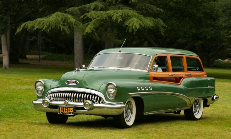 1953 Buick Roadmaster, almazöld woodie wagon kombi, elölnézet, oldalnézet, döntve, balról