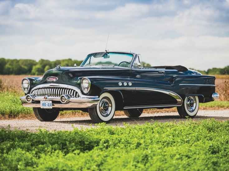 1953 Buick Super, mélyzöld, kabrió, elölnézet, oldalnézet, balról, távolról