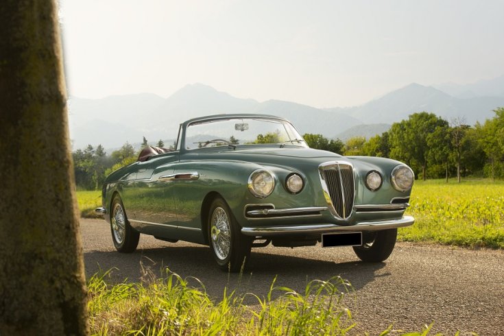 1953 Lancia Aurelia B52 Spider Vignale, zöld, elölnézet, oldalnézet, jobbról