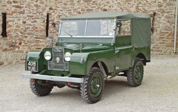 1953 Land Rover Series 1, ponyvatetős, zöld, elölnézet, oldalnézet, balról