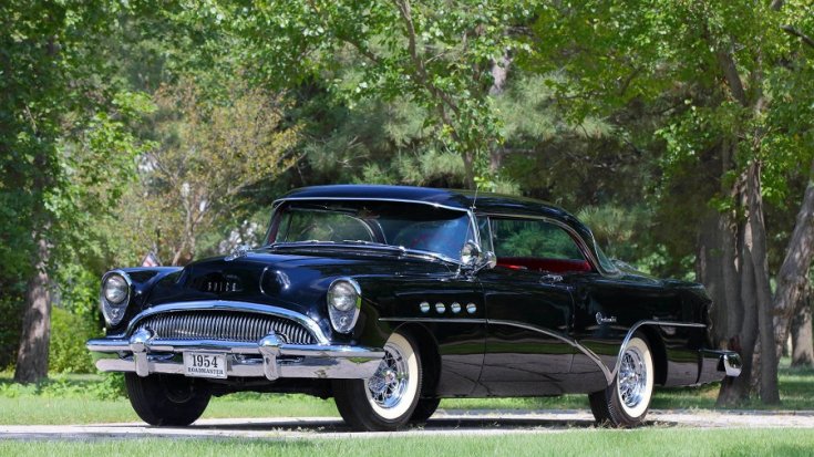 1954 Buick Roadmaster Riviera, fekete club coupé, elölnézet, oldalnézet, oldalról döntve, balról