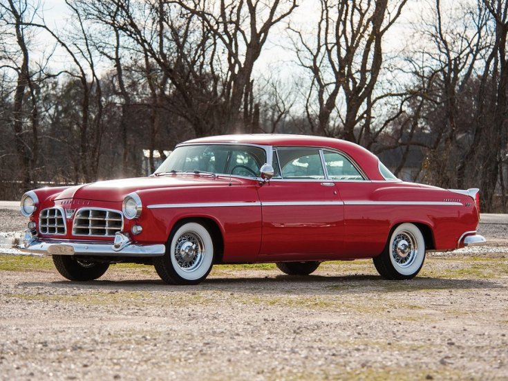 1955 Imperial Newport, piros kupé, elölnézet, oldalnézet, balról