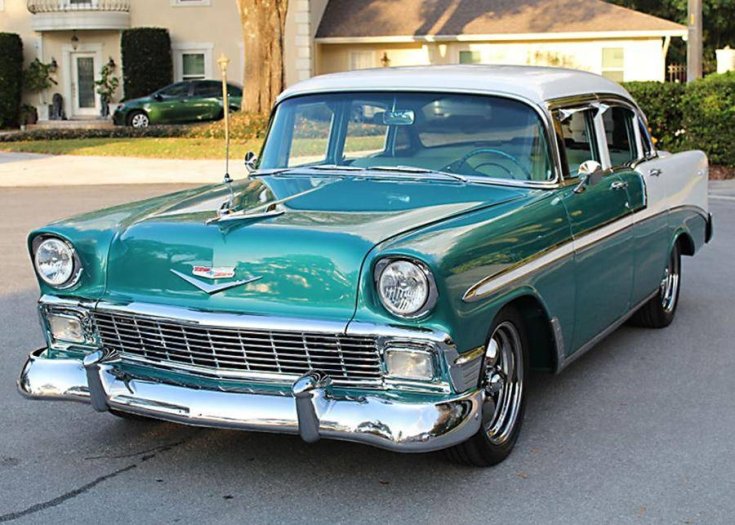 1956 Chevrolet Bel Air, kék, szedán, elölnézet, oldalnézet, balról