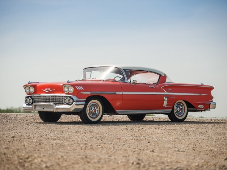 1958 Chevrolet Bel Air Impala, piros kupé, elölnézet, oldalnézet, balról