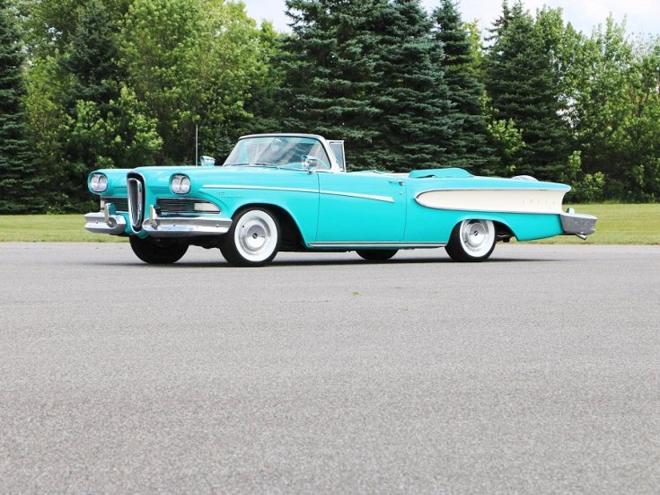 1958 Edsel Pacer, babakék kabrió, elölnézet, oldalnézet, balról, távolról