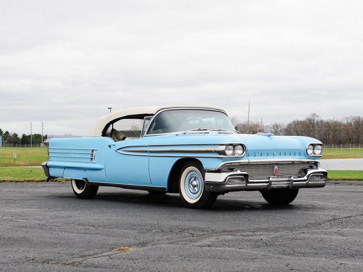 1958 GM Oldsmobile Super 88, baba kék, kabrió, elölnézet, oldalnézet, jobbról