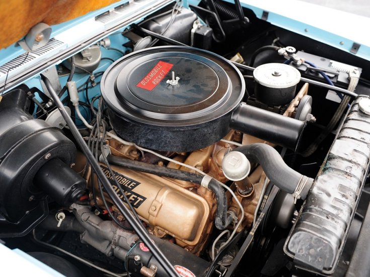 1958 GM Oldsmobile Super 88, baba kék, kabrió, motortér, elölnézet, oldalnézet, jobbról, Rocket V8