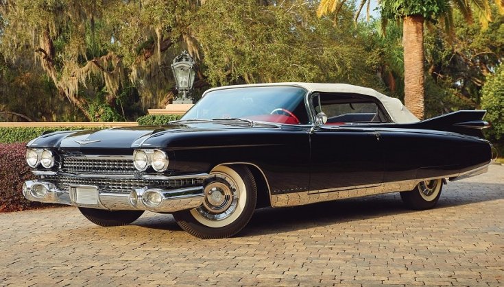 1959 Cadillac Eldorado Biarritz, fekete, fehér tetővel, elölnézet, oldalnézet, balról, távolról ráközelítve