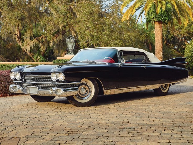 1959 Cadillac Eldorado Biarritz, fekete kabrió, elölnézet, oldalnézet, balról, távolról