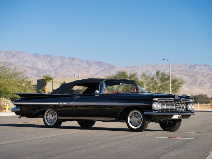 1959 Chevrolet Impala, fekete kabrió, elölnézet, oldalnézet, balról, távolról