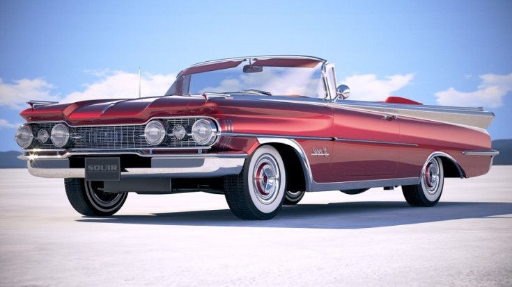 1959 Oldsmobile Super 88, fénylő vörös, kabrió, elölnézet, oldalnézet, balról döntve, ráközelítve, alulnézet