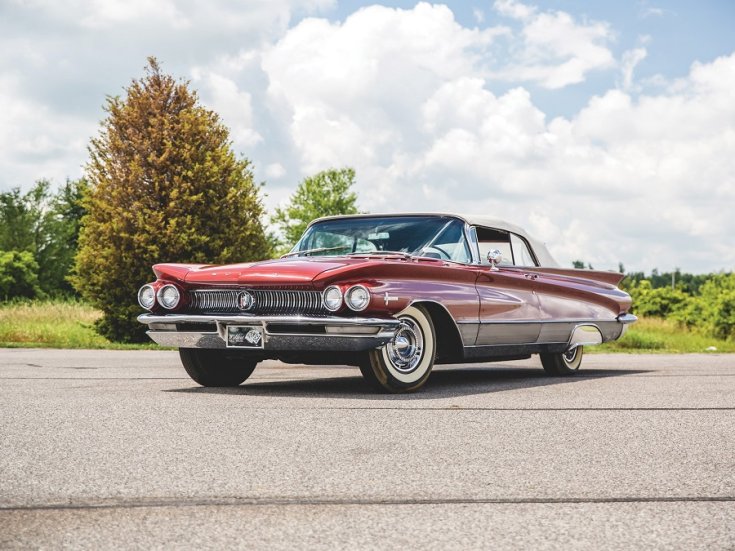 1960 Buick Electra, meggyvörös kabrió, elölnézet, oldalnézet, balról, távolról