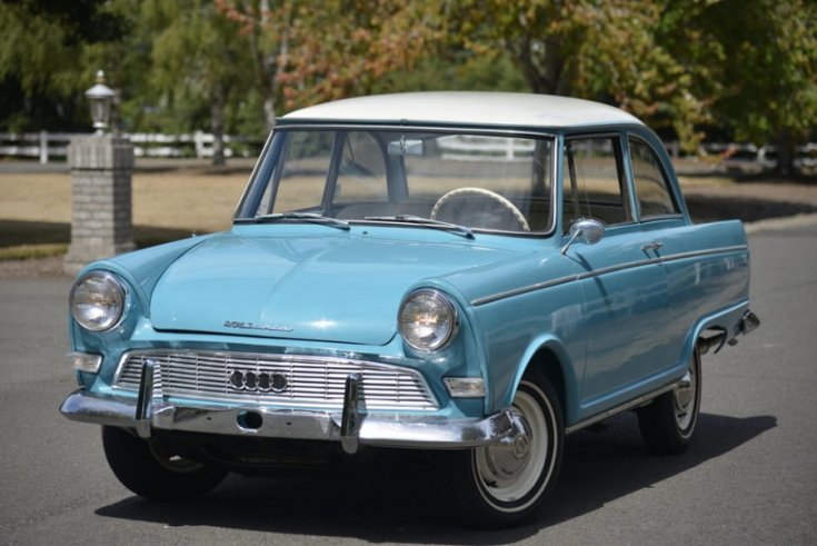 1962 DKW Junior F12, baba kék, fehér tetővel, elölnézet, oldalnézet, balról döntve, ráközelítve