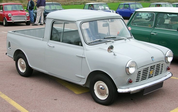 1972 Morris Mini Pickup, világos szürke, elölnézet, oldalnézet, jobbról döntve
