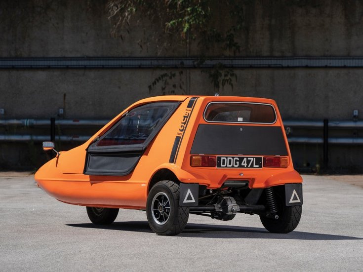 1972 Bond Bug, narancssárga, hátulnézet, oldalnézet, balról
