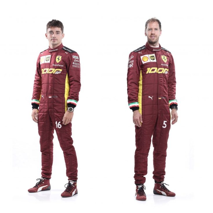 Charles Leclerc és Sebastian Vettel az 1000. futam felszerelésben