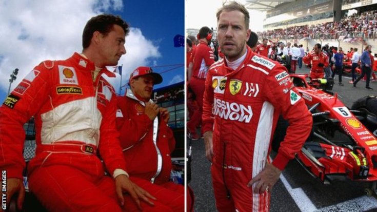 Irvine és Vettel a Ferrari színeiben