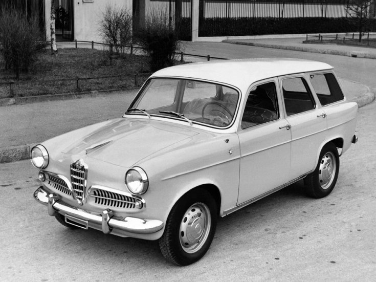 1954 1965 Alfa Romeo Tipo 750 Tipo 101 Giulietta, kombi, Weekendina, Promiscua, fekete fehér kép, elölnézet, jobbról