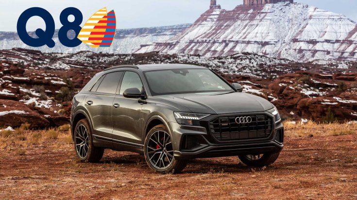Audi Q8 szemből és a Q8 olajtársaság logója