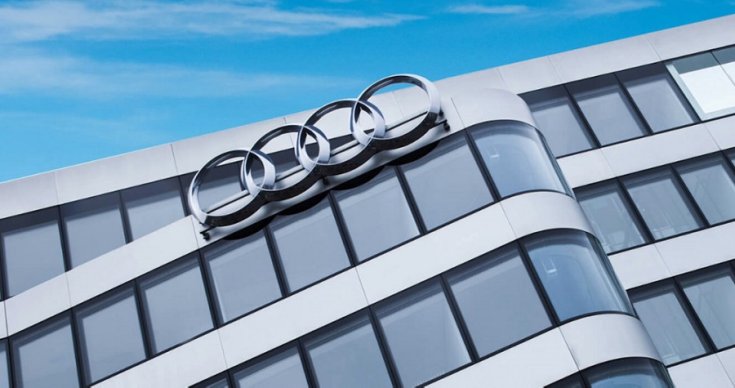 Audi iroda, épület, elölnézet, homlokzat, Audi logo