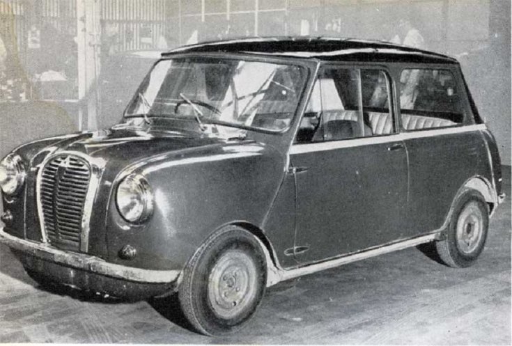 Austin Se7en / Morris Mini korai prototípus „Orange Box”, fekete fehér fénykép, elölnézet, oldalnézet, balról döntve