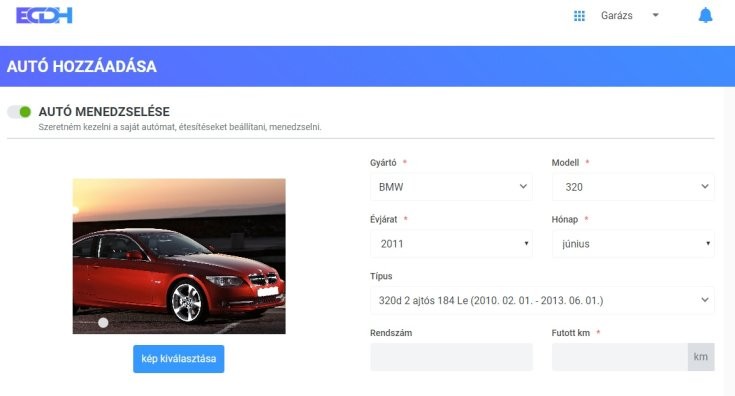 Autó adatok adminisztrálása az ECDH oldalán, autó üzembentartása online