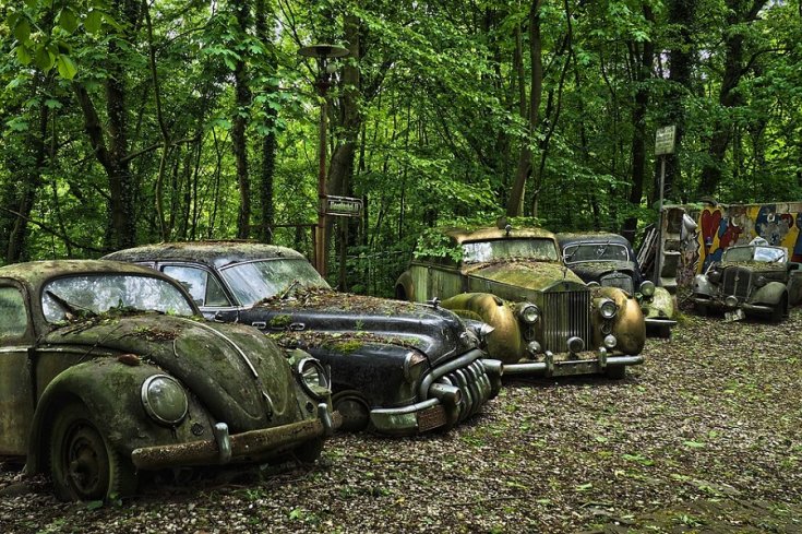 autótemető, előtérben balra egy VW Bogár és egy 1950-es Buick Century