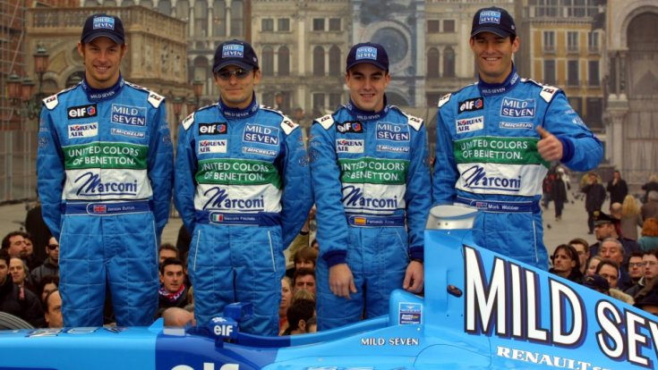 Button, Fisichella, Alonso és Webber a Benetton új autójával Velencében