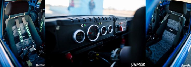 Wes Glockzin 1969-es Datsun 510 Bluebirdjének beltere, Recaro ülésekkel, és Takata versenyövekkel